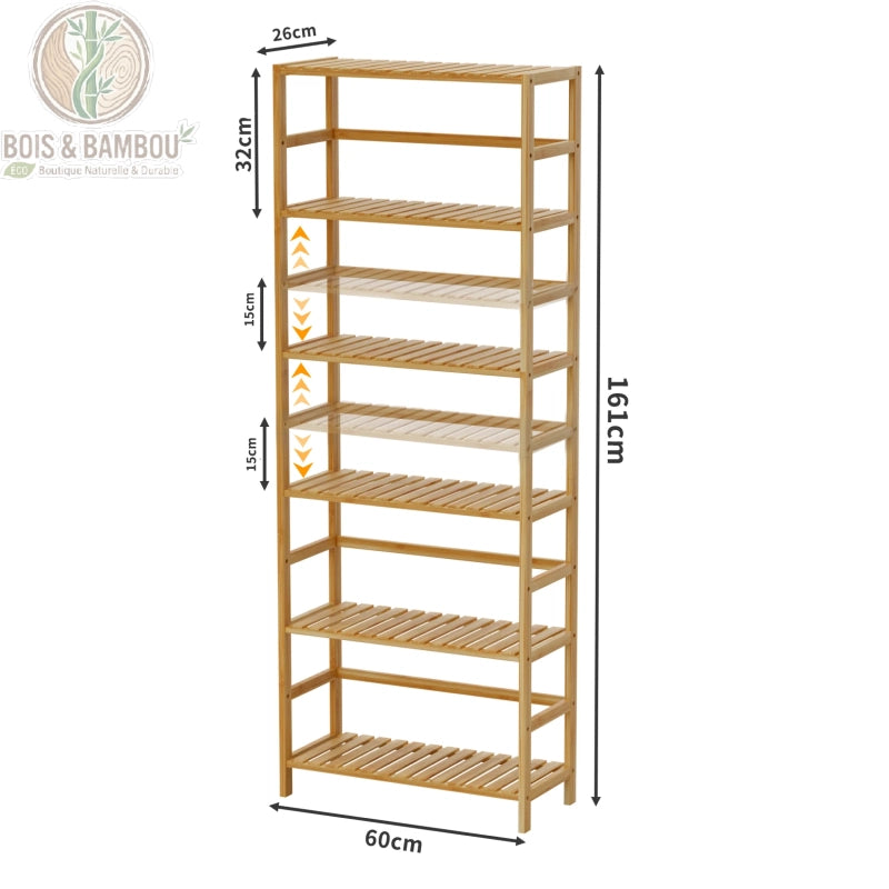 Etagere bambou 6 niveaux dimensions 161x60x26 cm, capacite 18 kg par plateau, Bois et Bambou Eco