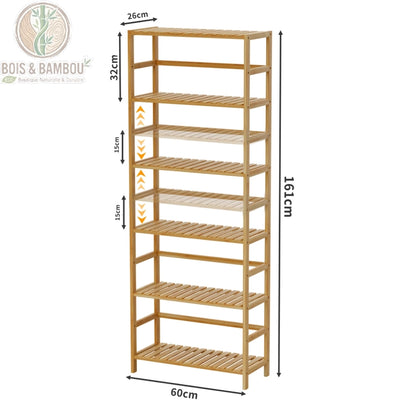 Etagere bambou 6 niveaux dimensions 161x60x26 cm, capacite 18 kg par plateau, Bois et Bambou Eco