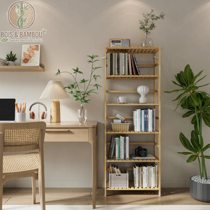 Etagere bambou 6 niveaux en situation salon, bibliotheque avec livres et plantes decoratives, Bois et Bambou Eco