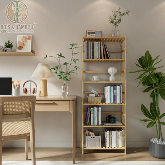 Etagere bambou 6 niveaux en situation salon, bibliotheque avec livres et plantes decoratives, Bois et Bambou Eco