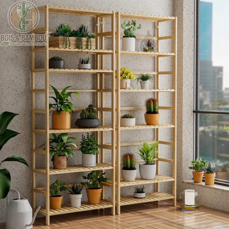 Etagere bambou 6 niveaux structure complete, finition naturelle plateaux reglables, Bois et Bambou Eco