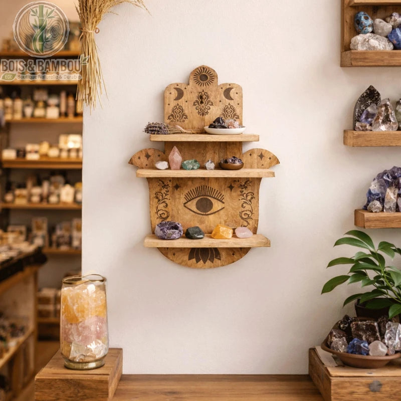 Étagère murale bois décorative en forme de main hamsa avec pierres exposées, vue en situation