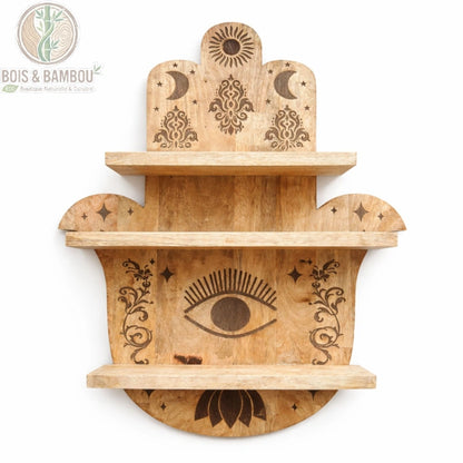 Étagère murale bois de manguier hamsa à trois niveaux avec motif œil gravé, vue de face