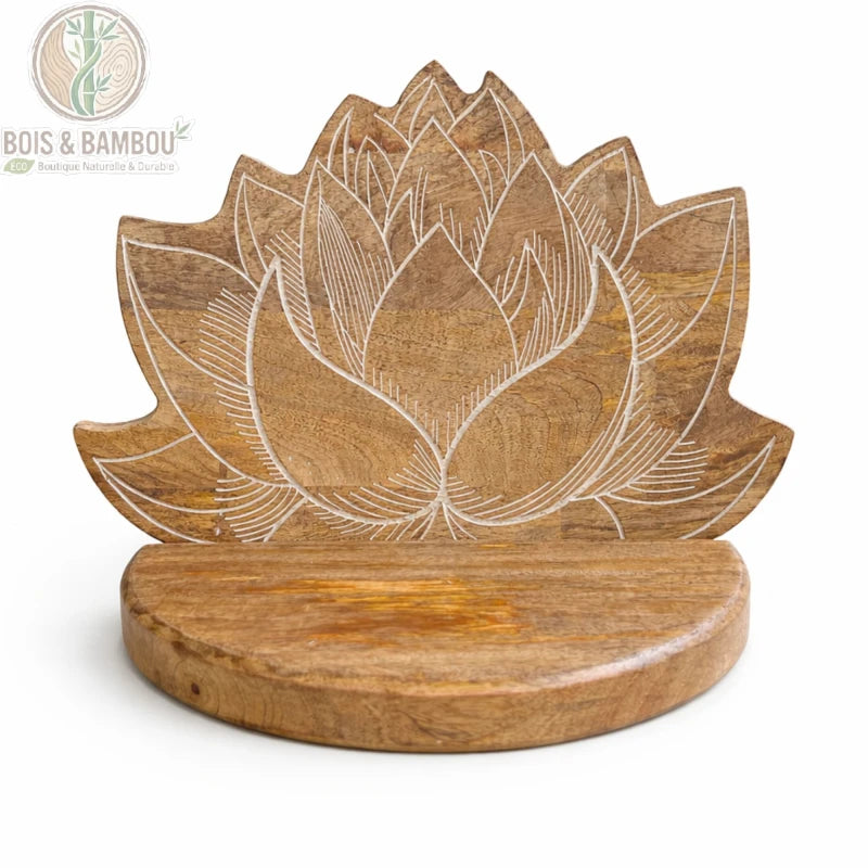 Étagère murale bois blanchi motif fleur de lotus avec tablette, vue de face