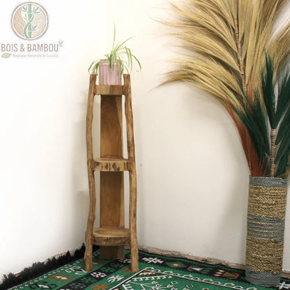 Étagère d'angle en teck 3 niveaux avec plante dans un angle