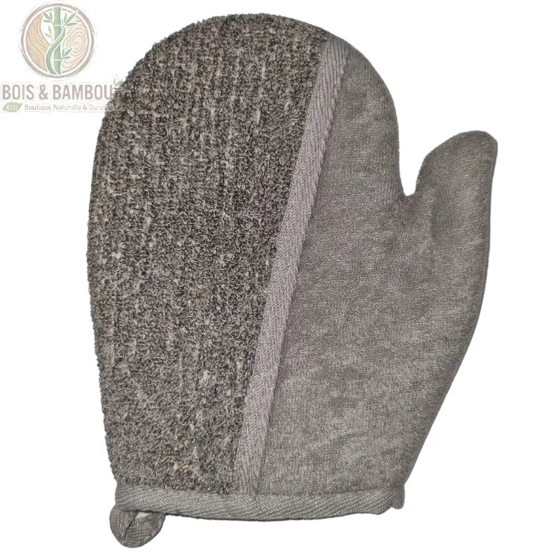 Gant de bain exfoliant en bambou et lin anthracite côté face douce en tissu éponge