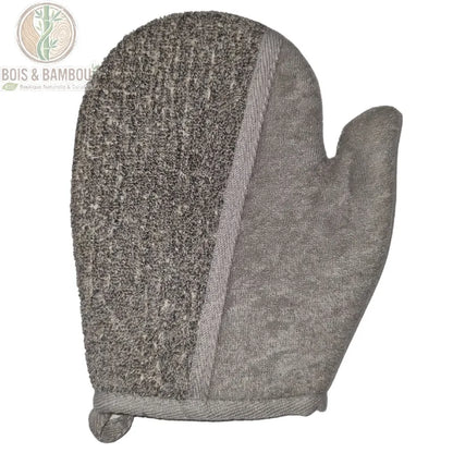 Gant de bain exfoliant en bambou et lin anthracite côté face douce en tissu éponge