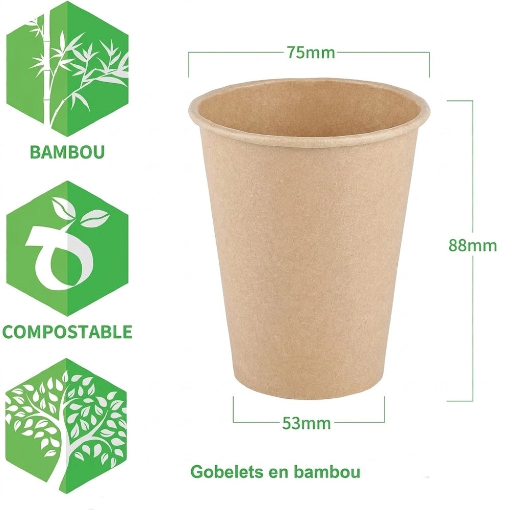 Gobelet en bambou jetable, diamètre 75 mm, hauteur 88 mm, base 53 mm, badges bambou et compostable