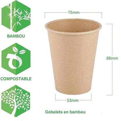 Gobelet en bambou jetable, diamètre 75 mm, hauteur 88 mm, base 53 mm, badges bambou et compostable