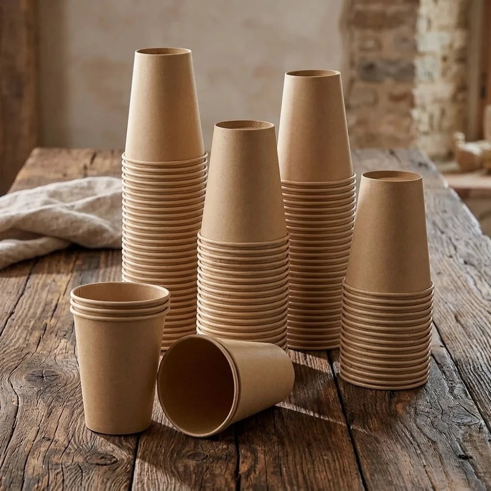 Gobelets en bambou jetables kraft empilés et gobelets seuls sur une table en bois