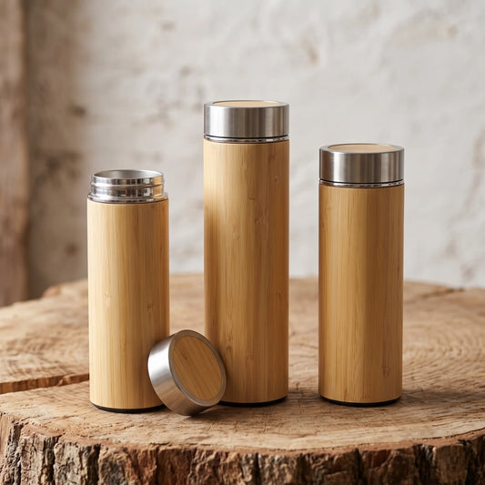 Gourde en bambou isotherme compacte, trois formats 350, 450 et 500 ml, coque en bambou naturel et couvercle inox, posées sur bois brut