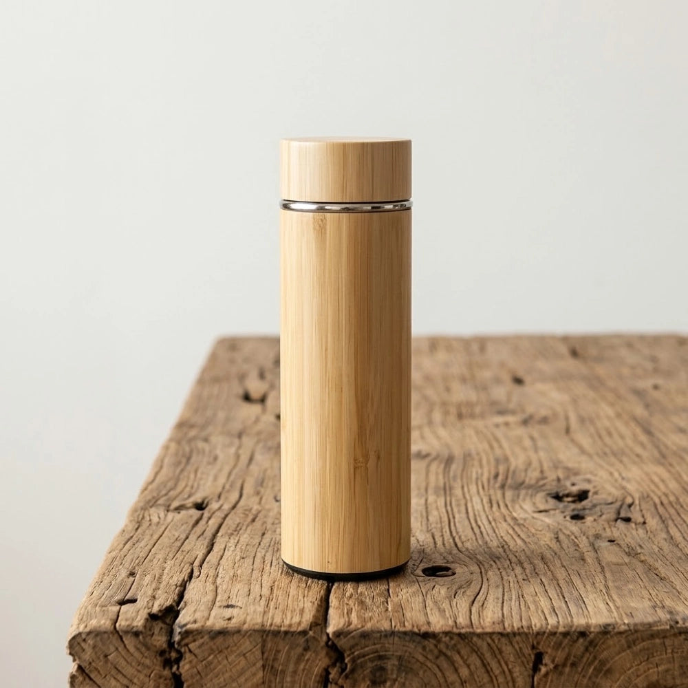 Gourde en bambou isotherme zen, finition bouchon seul, coque en bambou naturel, sur bois brut