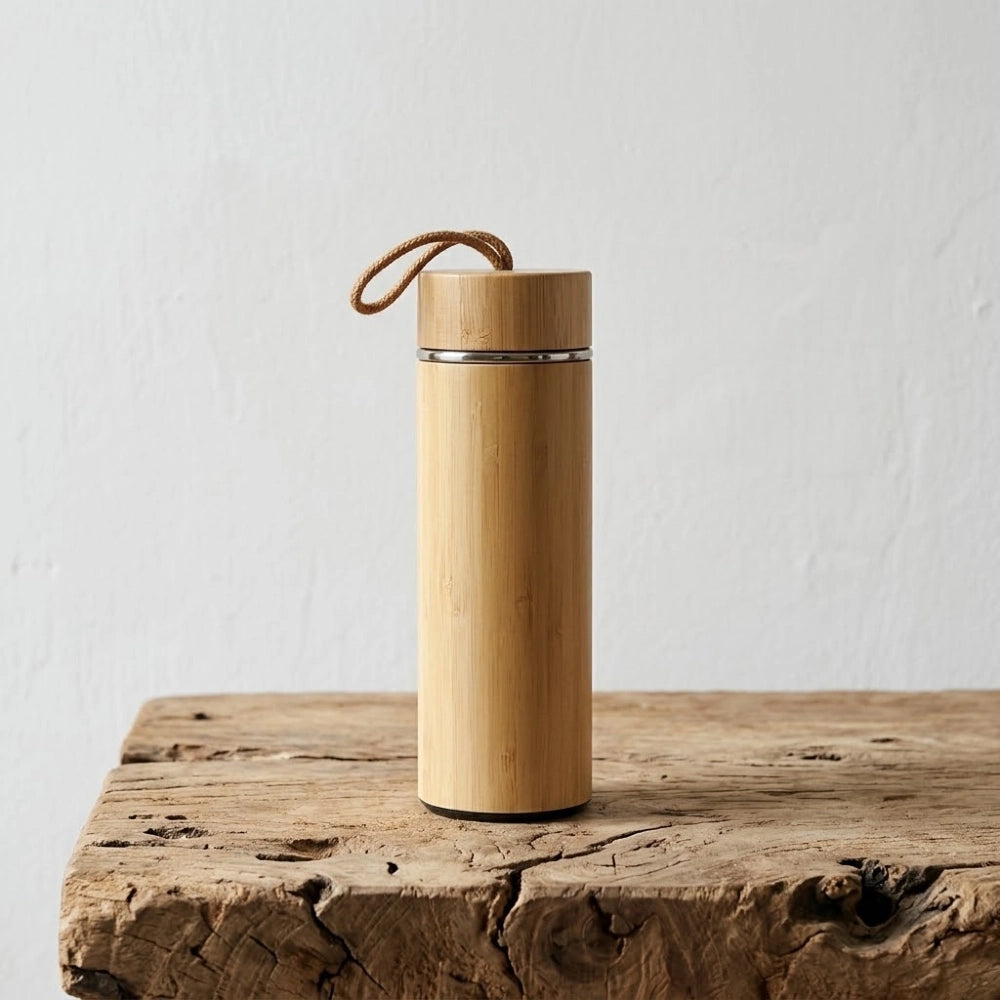 Gourde en bambou isotherme zen, finition avec corde de transport, coque en bambou naturel, sur bois brut