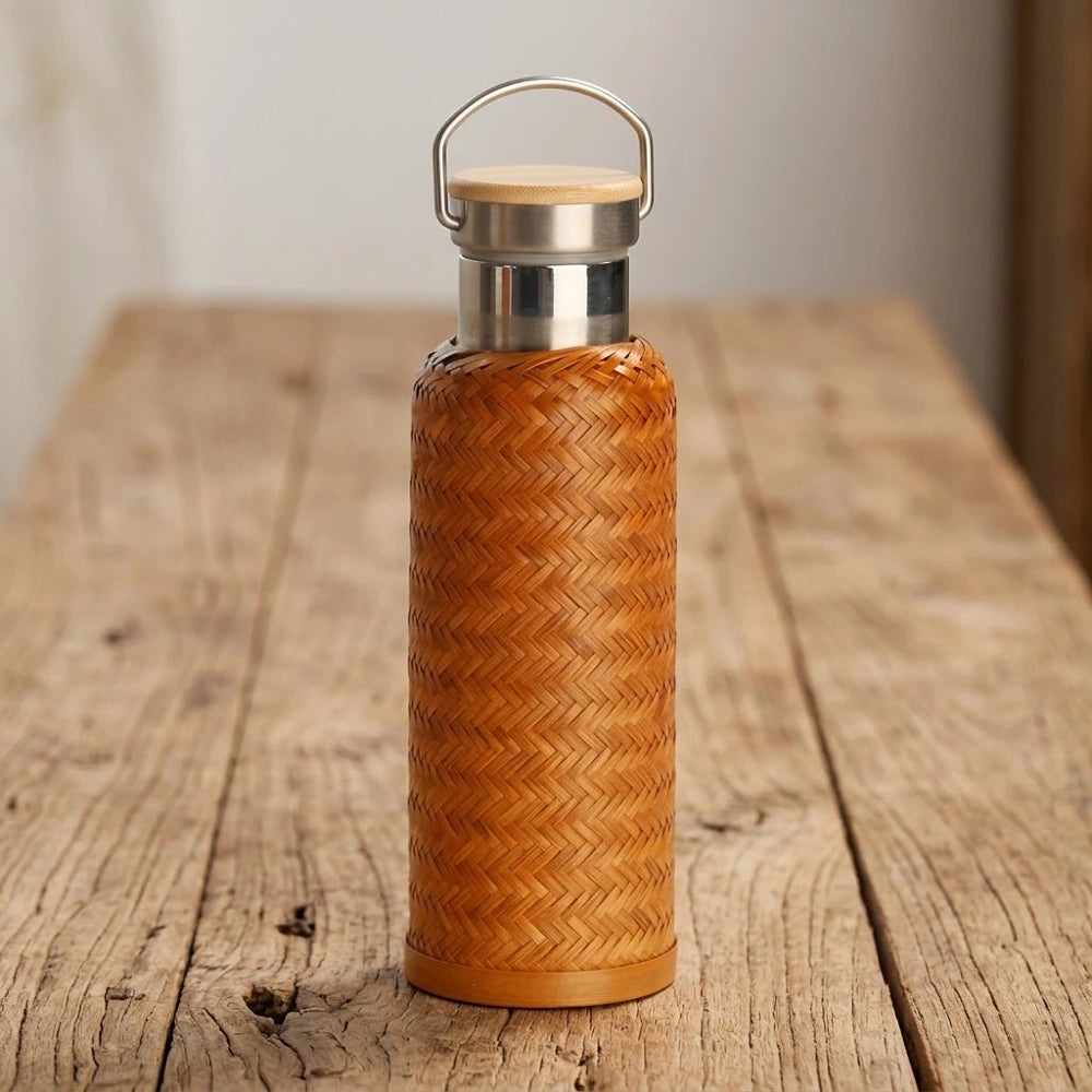 Gourde en bambou tressé isotherme tressage chevron serré