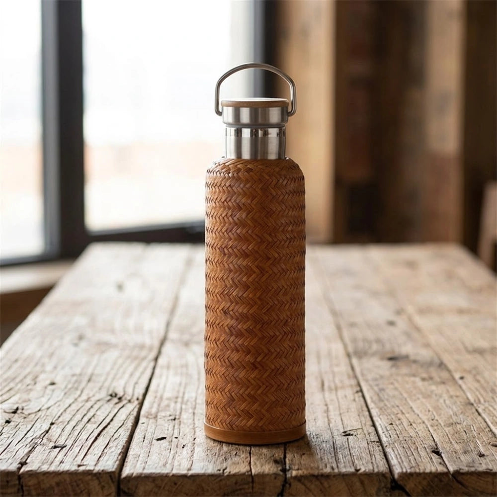 Gourde en bambou tressé isotherme finition orangée tressage chevron