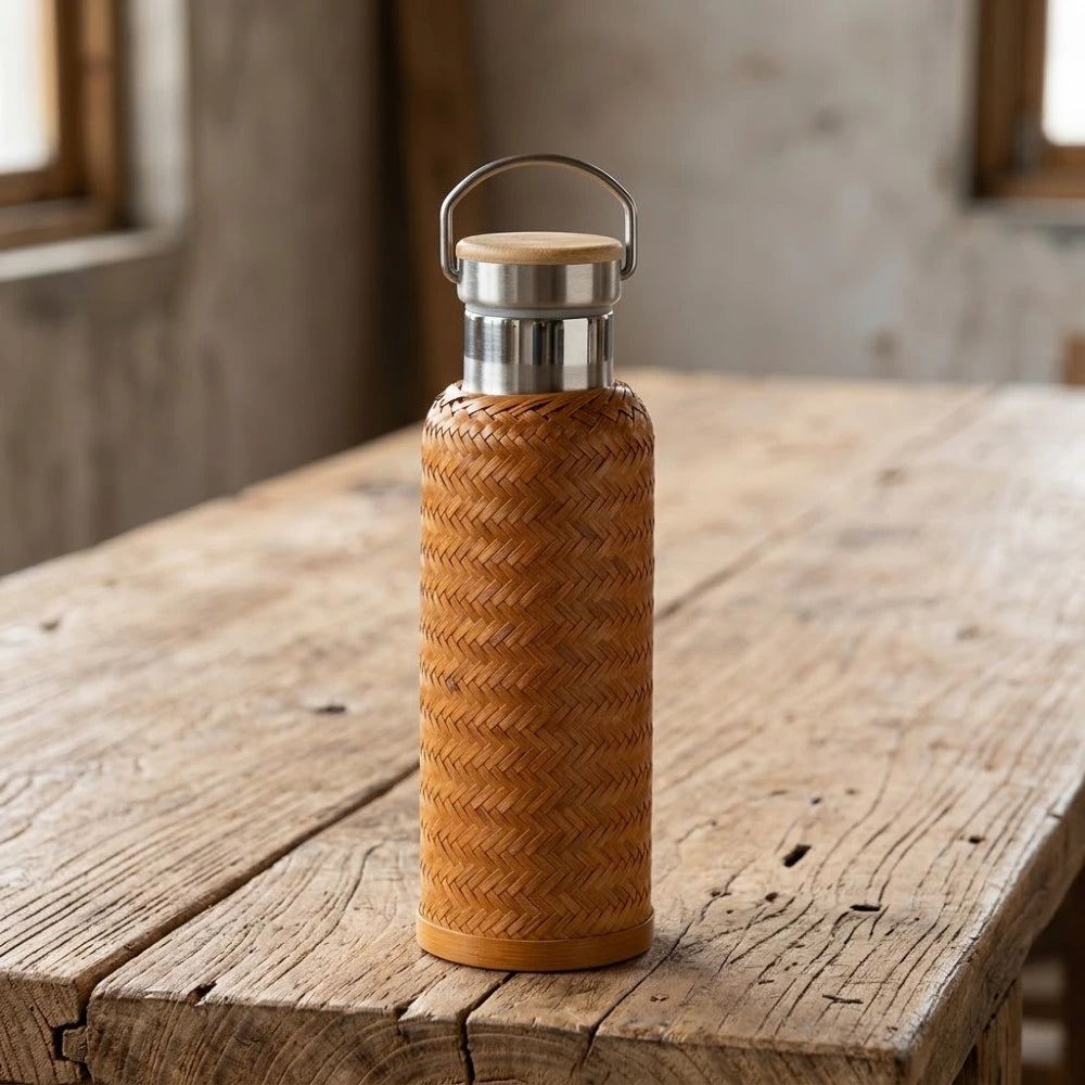 Gourde en bambou tressé isotherme tressage chevron large