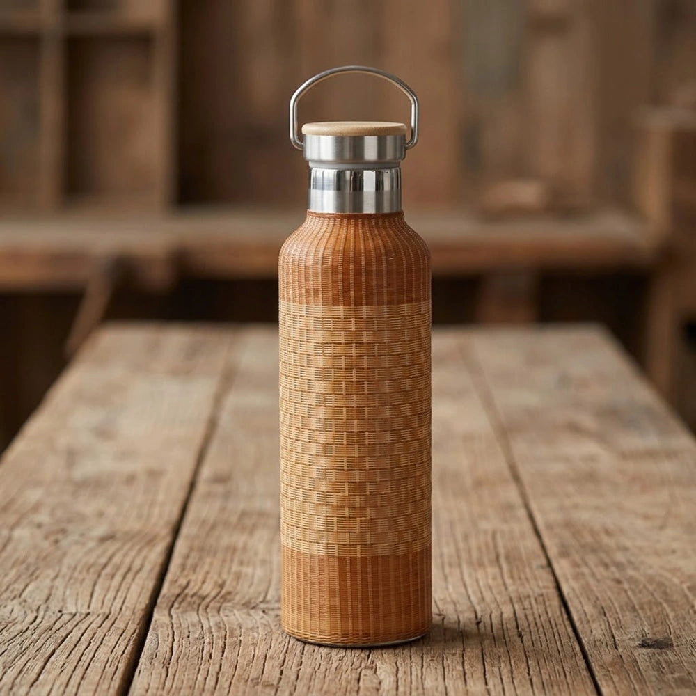 Gourde en bambou tressé isotherme finition bicolore tressage carré