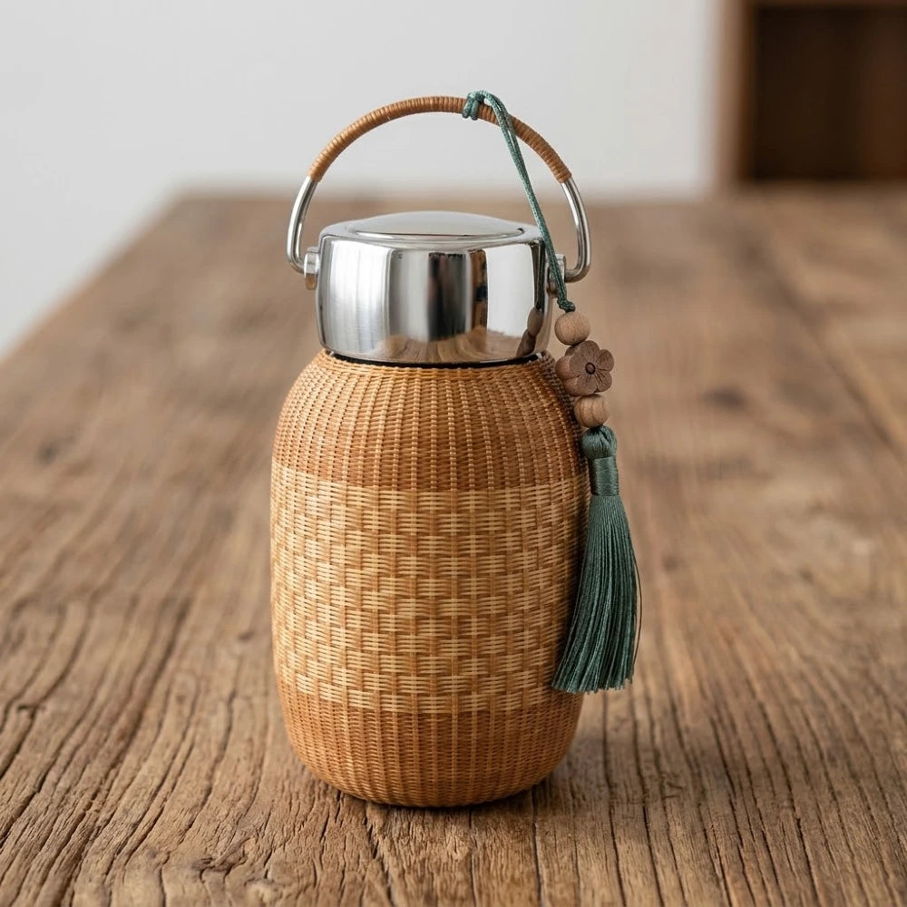 Gourde en bambou tressé isotherme rétro finition bicolore avec breloque