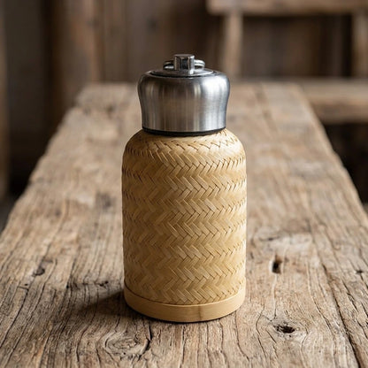 Gourde en bambou tressé isotherme rétro tressage chevron clair