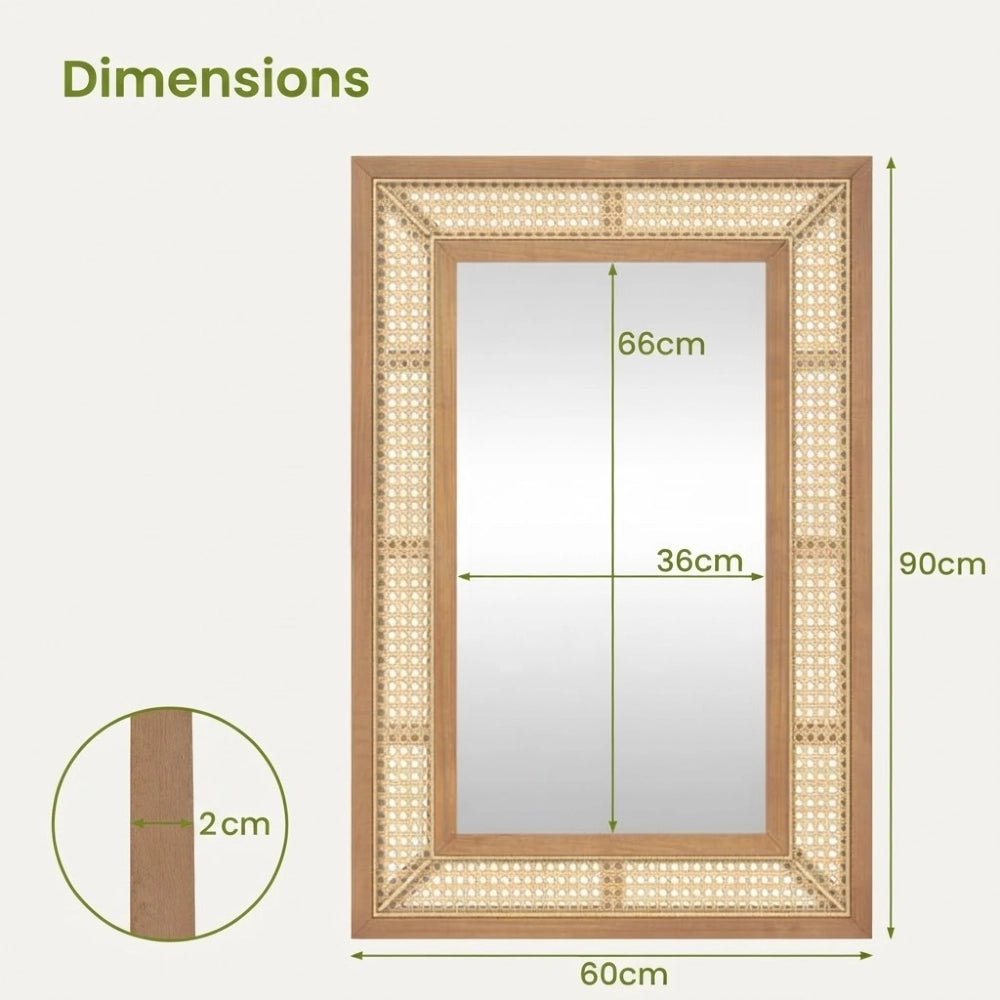 Dimensions du grand miroir effet rotin 90 par 60 cm