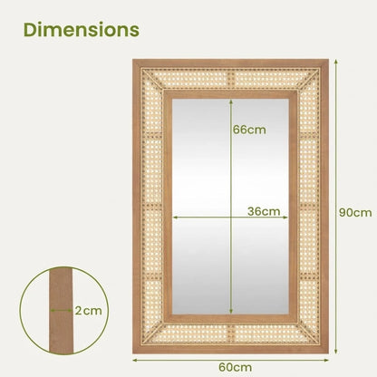 Dimensions du grand miroir effet rotin 90 par 60 cm