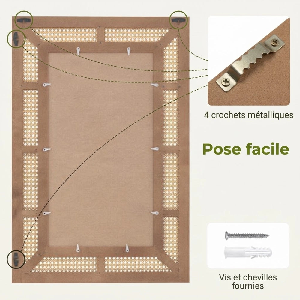 Dos du miroir effet rotin avec crochets pour pose horizontale ou verticale