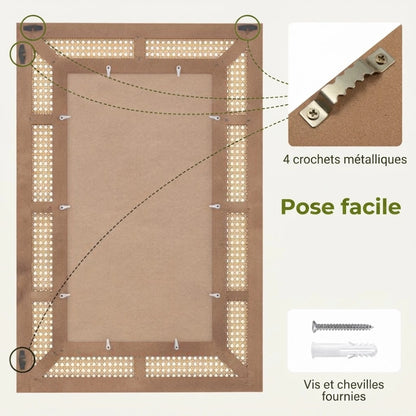 Dos du miroir effet rotin avec crochets pour pose horizontale ou verticale