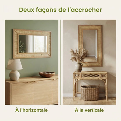 Miroir effet rotin rectangulaire au dessus d'un meuble à la verticale