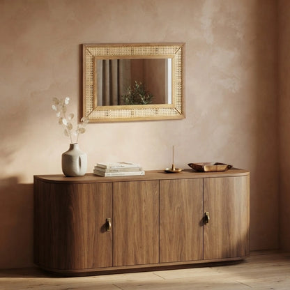 Grand miroir rectangulaire cannage effet rotin et cadre en bois de sapin