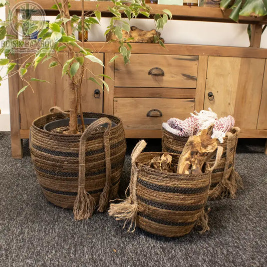 Lot de 3 grands paniers de rangement en feuille de bananier et jonc de mer, naturel et marron, Bois Et Bambou Eco