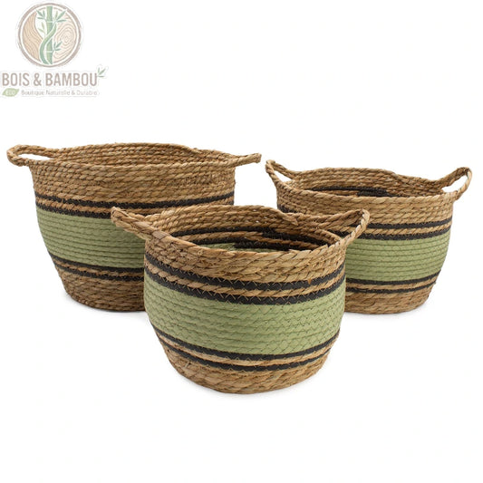 Paniers de rangement coton et jonc de mer sur fond blanc, coloris noir et vert, Bois Et Bambou Eco