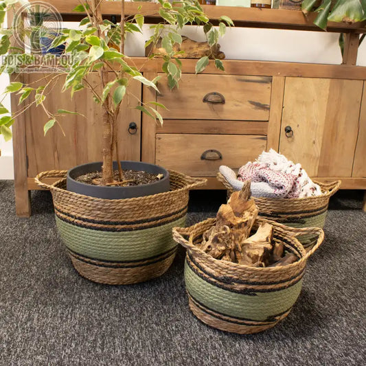 Lot de 3 paniers de rangement en coton et jonc de mer, noir et vert, Bois Et Bambou Eco
