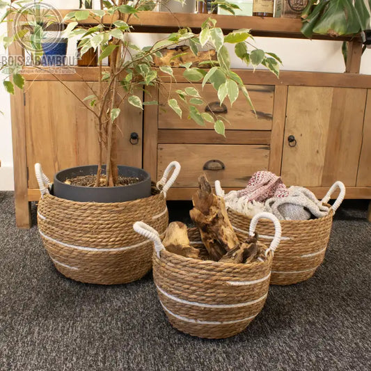 Panier de rangement en coton et jonc de mer, naturel et blanc, utilisé en cache-pot et rangement, Bois Et Bambou Eco