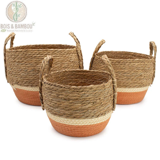 Grands paniers de rangement paille et jonc de mer sur fond blanc, coloris naturel et orange, Bois Et Bambou Eco