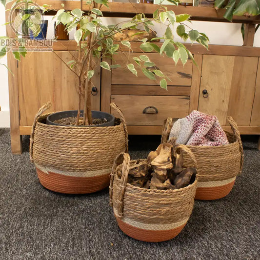 Lot de 3 grands paniers de rangement en paille et jonc de mer, naturel et orange, Bois Et Bambou Eco