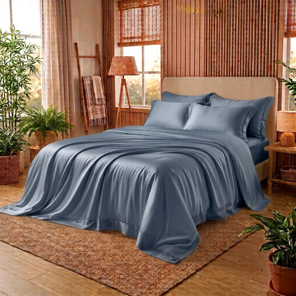 Housse de couette en bambou ardoise sur un lit