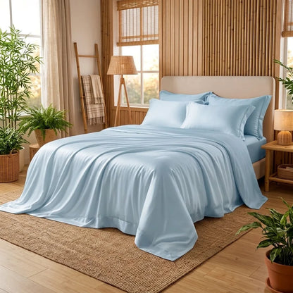 Housse de couette en bambou bleu ciel sur un lit