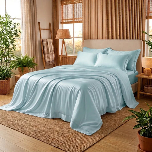 Housse de couette en bambou bleu pastel sur un lit