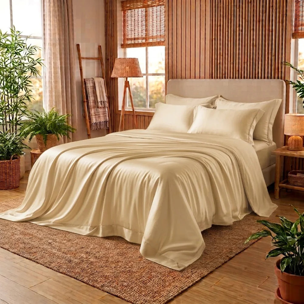 Housse de couette en bambou champagne sur un lit