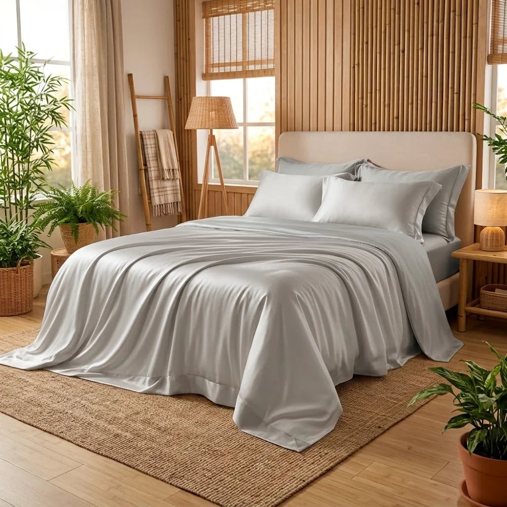 Housse de couette en bambou gris perle sur un lit