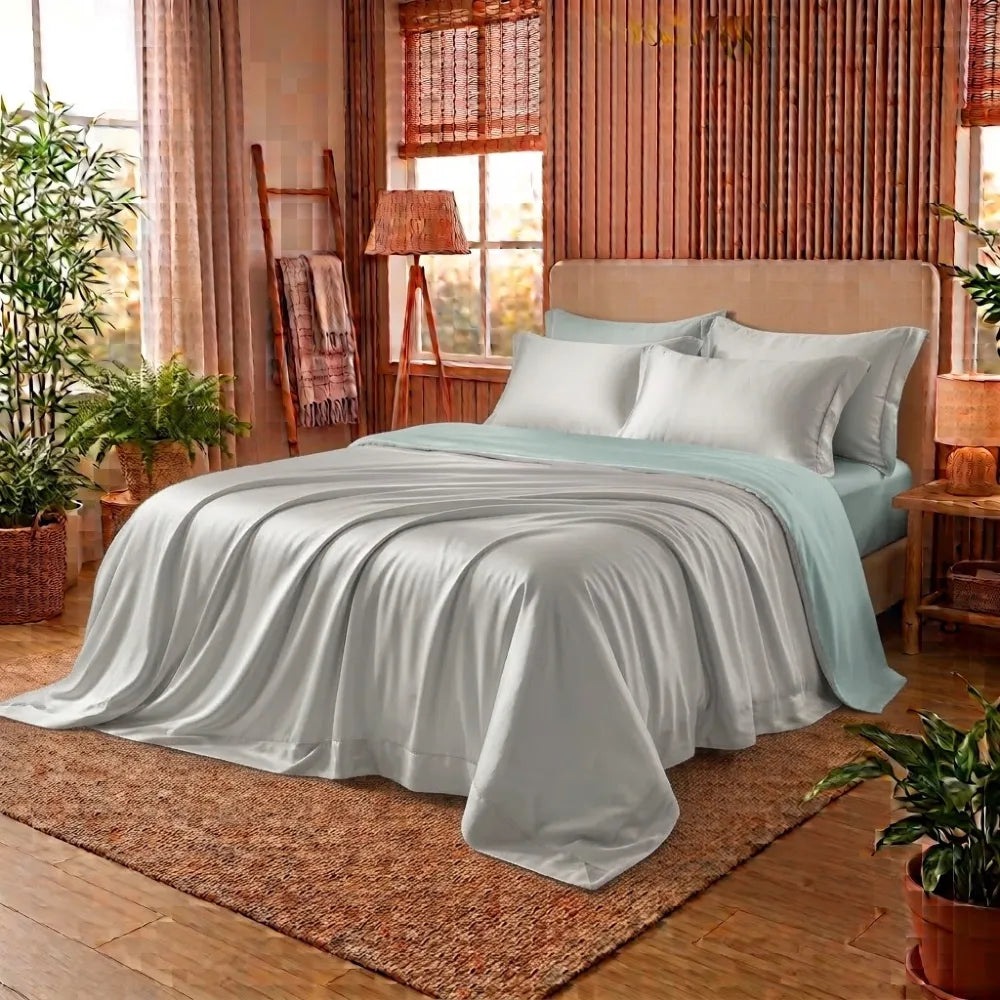 Housse de couette en bambou gris très clair et bleu vert d'eau