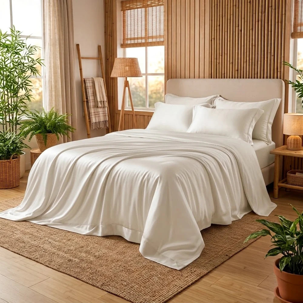 Housse de couette en bambou ivoire sur un lit
