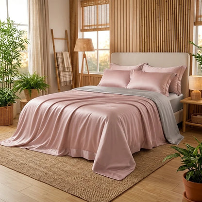 Housse de couette en bambou rose clair et gris perle sur un lit