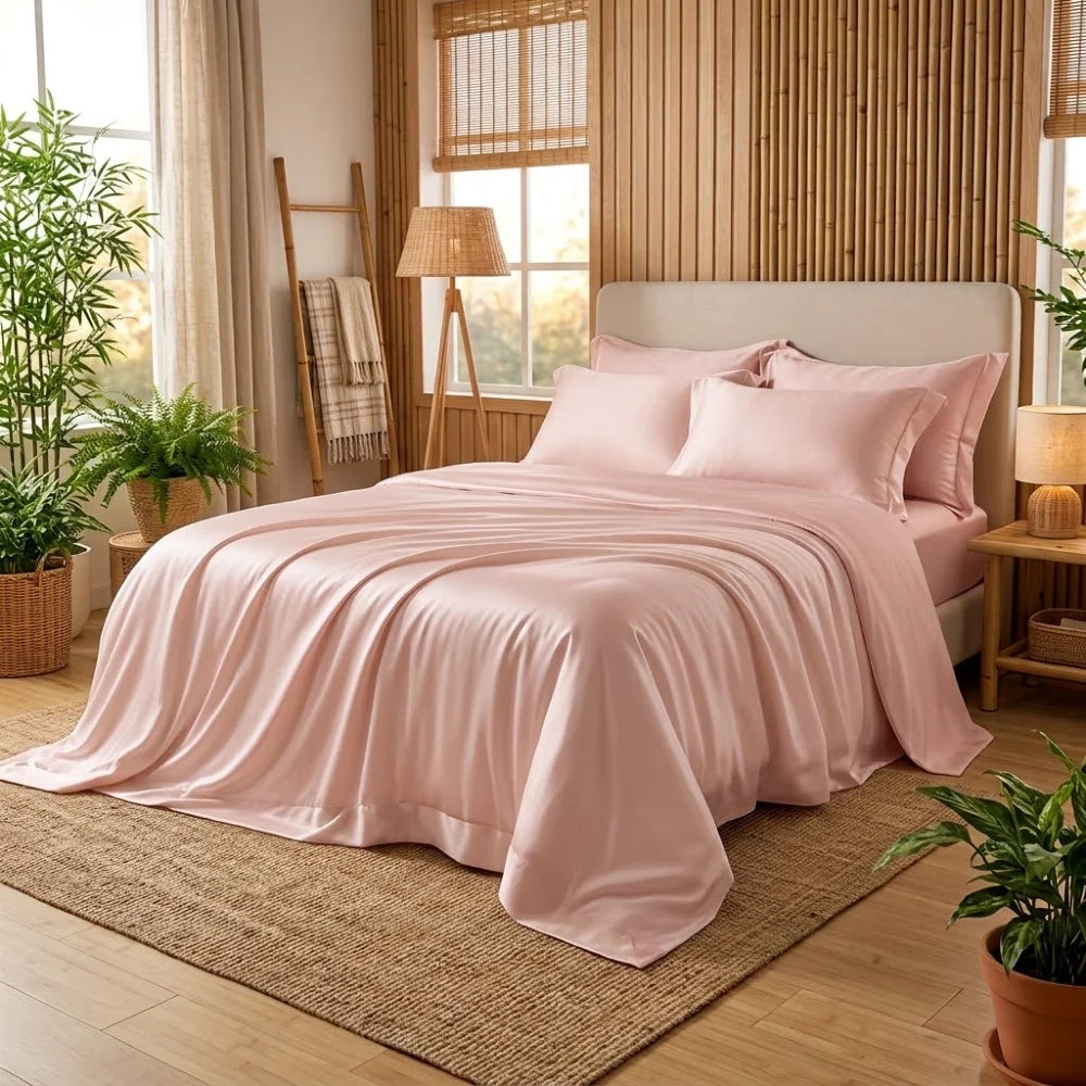 Housse de couette en bambou rose pastel sur un lit