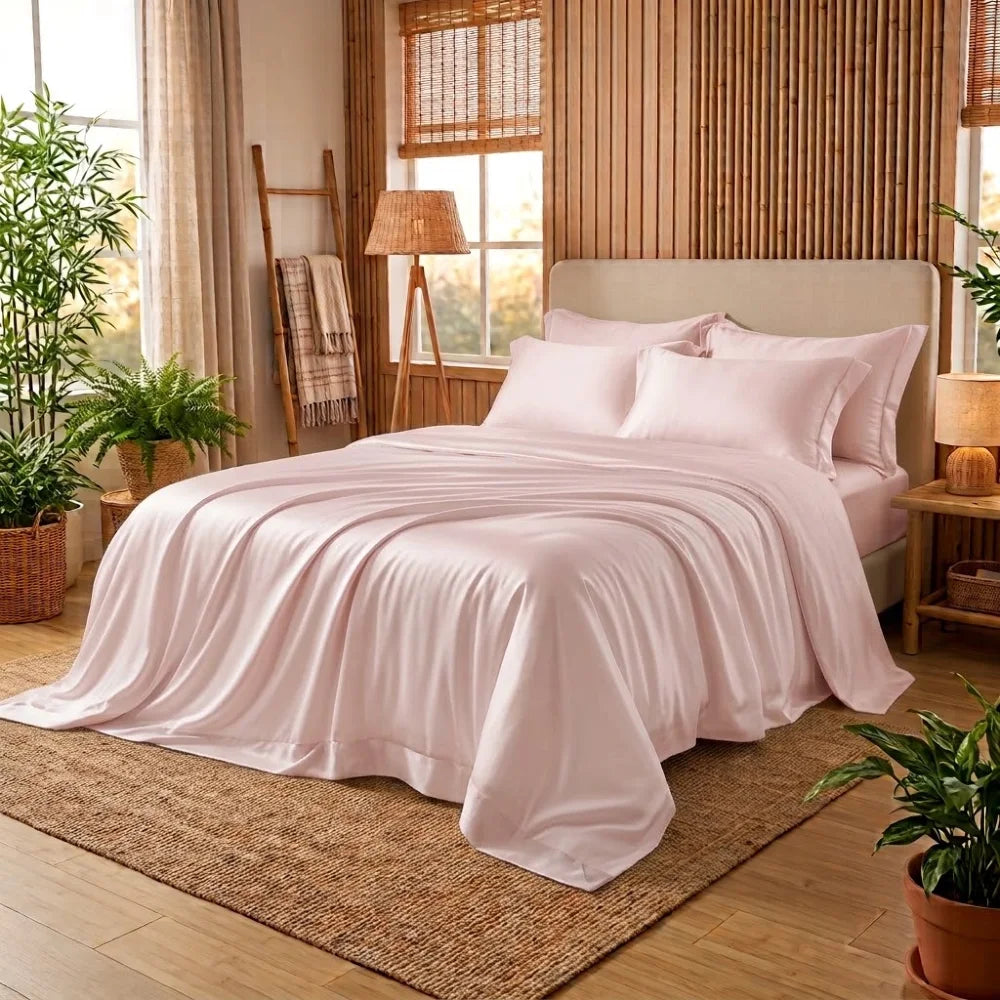 Housse de couette en bambou rose poudré sur un lit