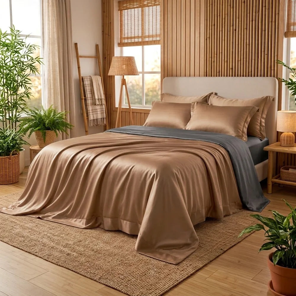 Housse de couette en bambou taupe satiné et anthracite