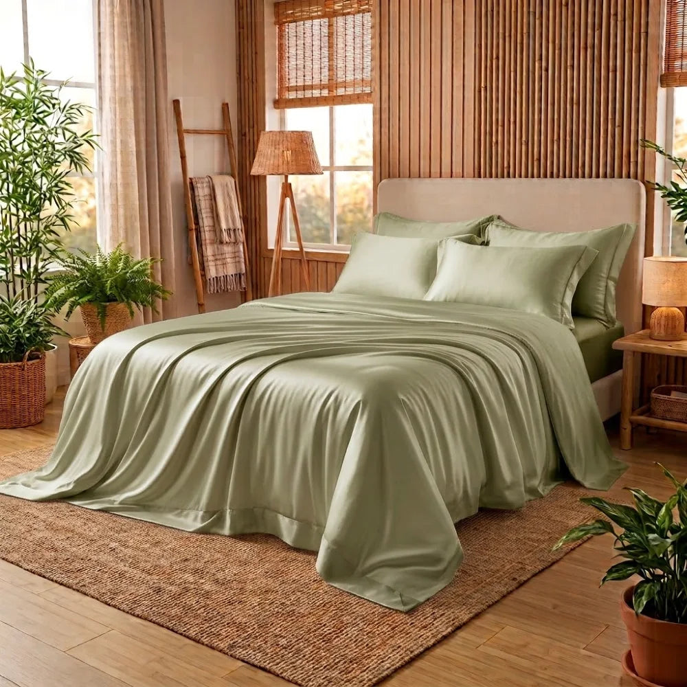 Housse de couette en bambou vert sauge sur un lit