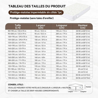 Tableau des tailles de la housse intégrale de matelas en bambou