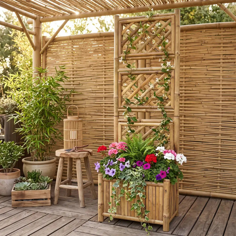Jardinière avec Treillis en Bambou situation. Jardinière en bambou avec treillis fleuri de plantes grimpantes, installée sur une terrasse en bois sous une pergola.