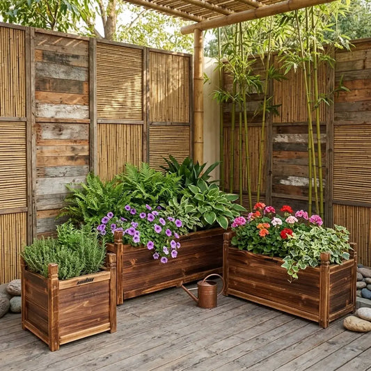Jardinière surélevée en bois brun foncé pour potager, plantée de fougères, pétunias et géraniums sur une terrasse